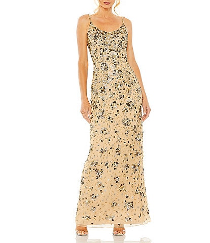 Mac Duggal Embellished Floral Beaded Open Back Detail Scoop Neck Sleeveless Gown