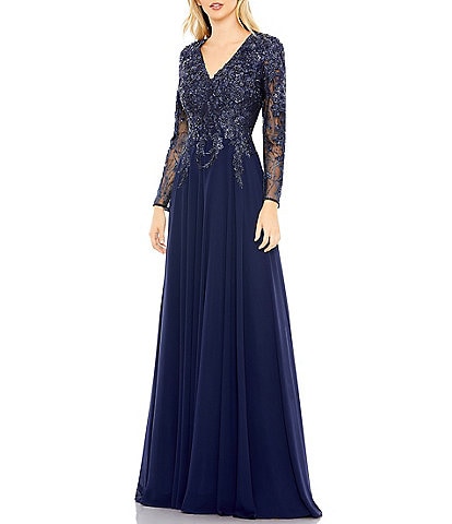 Mac Duggal Embellished Floral Lace V-Neck Illusion Long Sleeve Gown