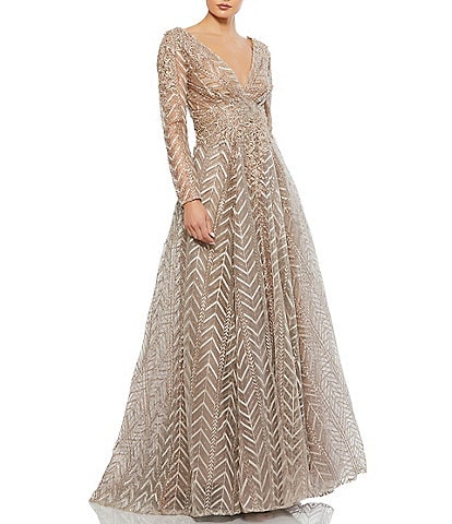 Mac Duggal Embellished Illusion Long Sleeve Wrap Over A Line Gown