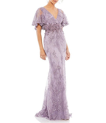 Mac Duggal Embellished Illusion V-Neck Sheer Butterfly Short Flutter Sleeve Sheath Gown