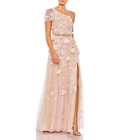 Mac Duggal Embellished Mesh 3D Floral One Shoulder Short Sleeve Column Gown