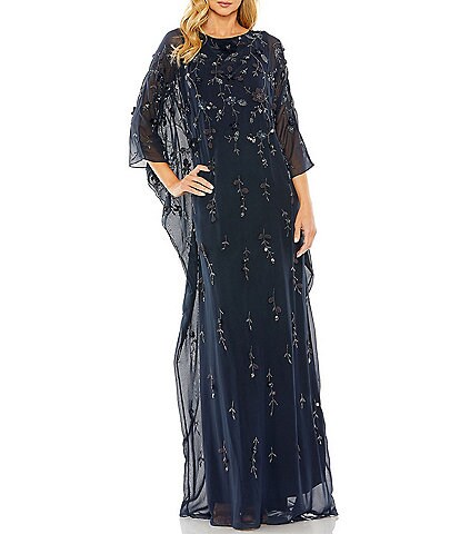 Mac Duggal Embellished Mesh Boat Neck 3/4 Sleeve 3D Flower Caftan Gown