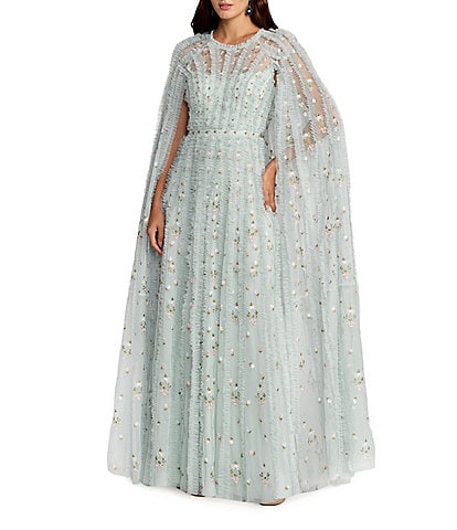 Mac Duggal Embellished Mesh Cape Sleeve Gown