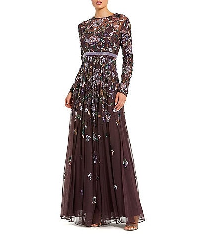 Mac Duggal Embellished Mesh Floral Applique High Neck Long Sleeves Beaded Waist A-Line Gown