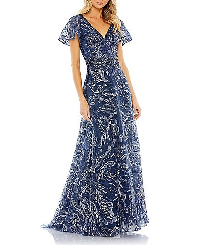 Mac Duggal Embellished Mesh Illusion Butterfly Sleeve A-Line Gown