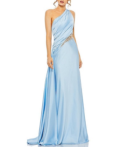 Mac Duggal Embellished Mesh Inset Satin Ruched One Shoulder Sleeveless Draped Gown