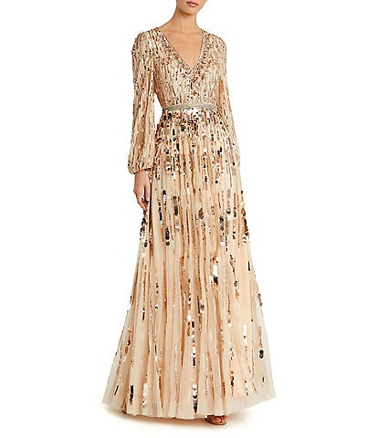 Mac Duggal Embellished Mesh Long Sleeves V-Neck Ball Gown