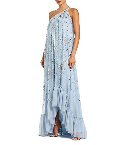 Mac Duggal Embellished Mesh One Shoulder Beaded Bow High-Low Caftan Gown