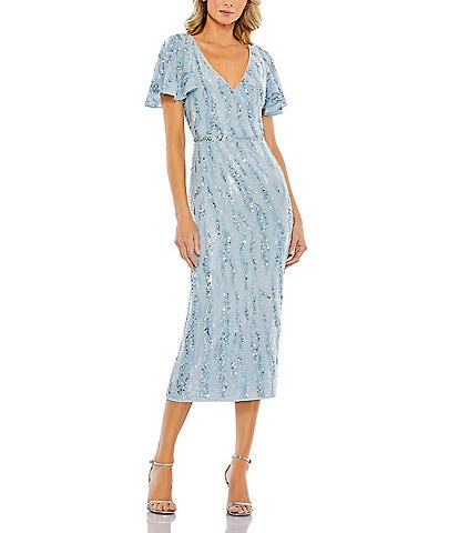 Mac Duggal Embellished Sequined Plunge V-Neck Short Flutter Sleeve Midi Sheath Dress