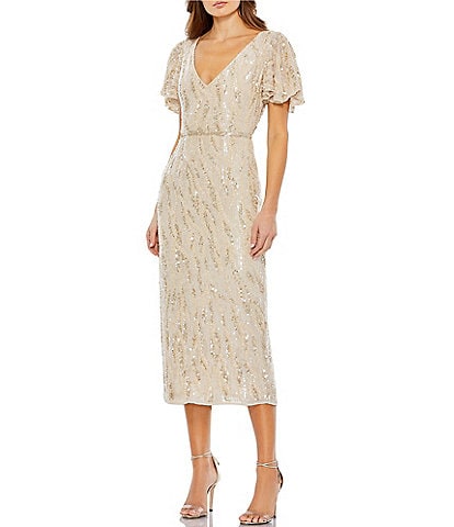 Mac Duggal Embellished Sequin Plunge V-Neck Short Flutter Sleeve Midi Sheath Dress