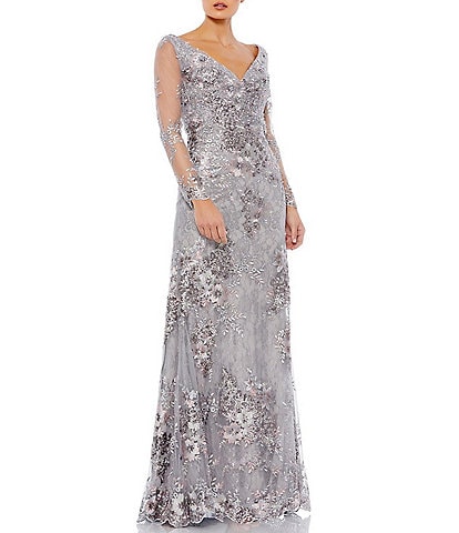 Mac Duggal Floral Embroidered Lace Sequin Embellished V-Neck Illusion Long Sleeve Gown
