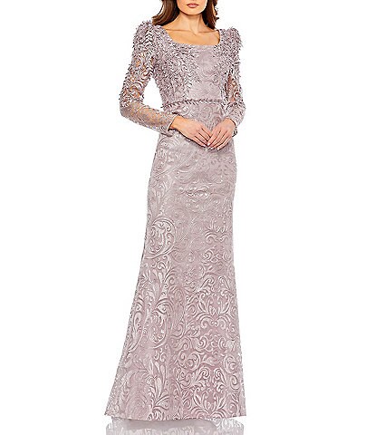 Mac Duggal Embroidered Applique Square Neck Long Sleeve Trumpet Gown