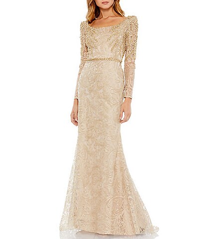 Mac Duggal Embroidered Applique Square Neck Long Sleeve Trumpet Gown