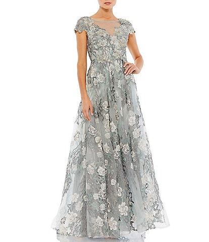 Mac Duggal Embroidered Boat Neck Short Sleeve Beaded Floral Applique Gown