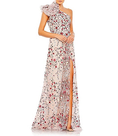 Mac Duggal Embroidered Floral Embellished Ruffled One Shoulder A-Line Gown