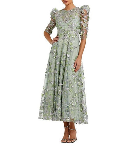 Mac Duggal Embroidered Floral Lace Crew Neck 3/4 Puff Sleeve A-Line Midi Dress