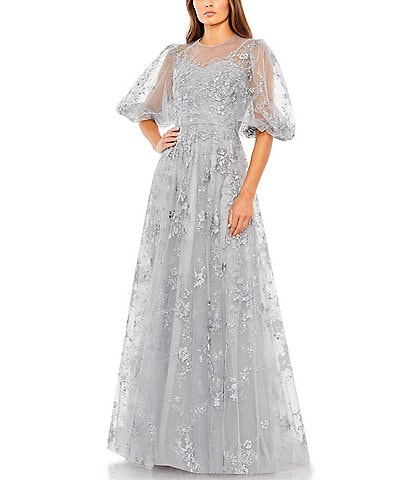 Mac Duggal Embroidered Illusion Crew Neck Short Puffed Sleeve Gown