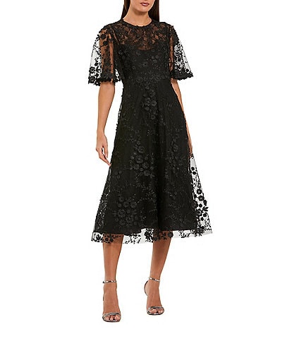 Mac Duggal Embroidered Lace Short Flutter Sleeve Crew Neck A-Line Midi Dress