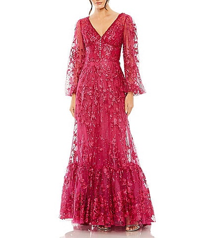 Mac Duggal Embroidered Lace V-Neck Long Balloon Sleeve Tiered A-Line Gown