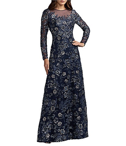 Mac Duggal Embroidered Mesh Long Sleeve Evening Gown