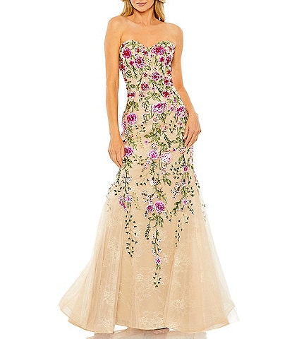 Mac Duggal Embroidered Strapless Sheer Bustier Mermaid Gown