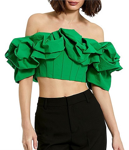Mac Duggal Faille Ruffle Off-The-Shoulder Short Sleeve Cropped Bustier Top