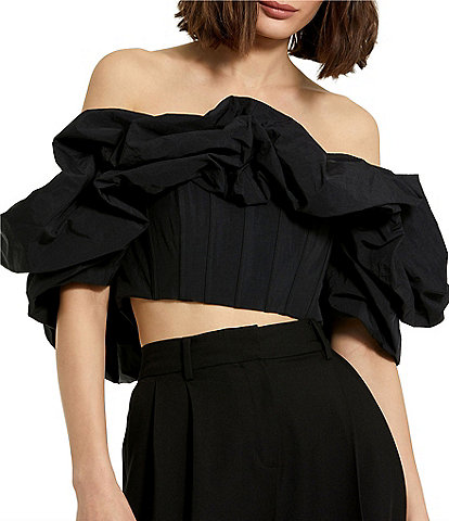Mac Duggal Faille Ruffle Off-The-Shoulder Short Sleeve Cropped Bustier Top