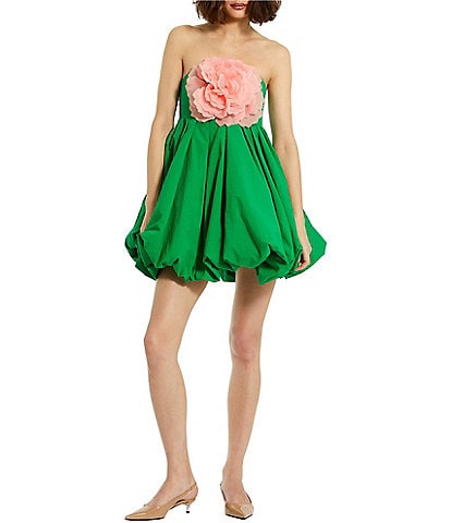 Mac Duggal Faille Strapless With Flower Bubble Hem Mini Fit And Flare Dress