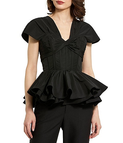 Mac Duggal Faille V-Neck Pleated Cap Sleeve Twist Front Peplum Hem Bustier Top