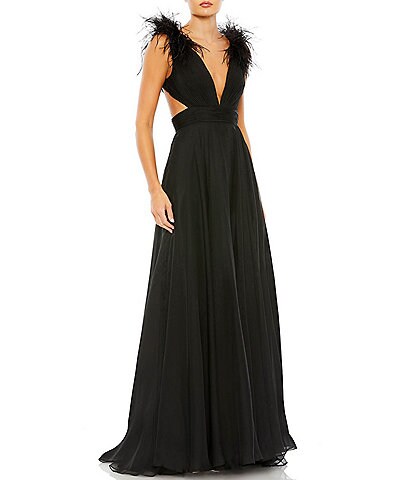 Mac Duggal Feather Shoulder Deep V-Neck Sleeveless Cut-Out High Thigh Slit Strappy Back Detail Gown