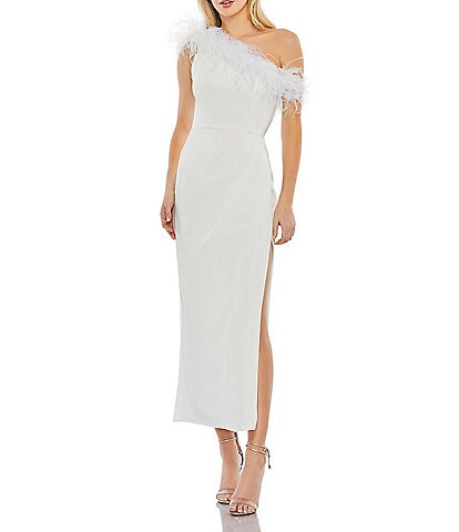 Mac Duggal Feather Trim Asymmetrical Neck Sleeveless Thigh High Slit Midi Dress