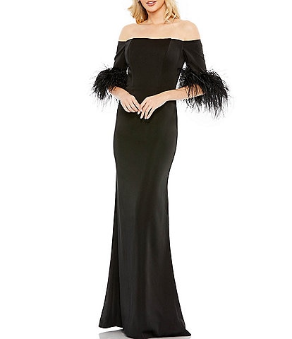 Mac Duggal Feather Trim Off-the-Shoulder 3/4 Sleeve Gown