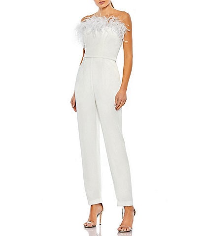 Mac Duggal Feather Trim Strapless Pocketed Jumpsuit