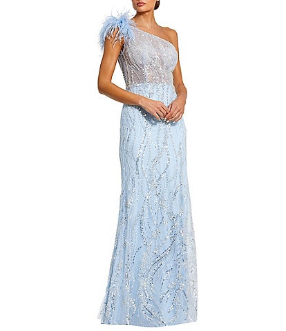 Mac Duggal Feathered One Shoulder Embroidered Applique Gown