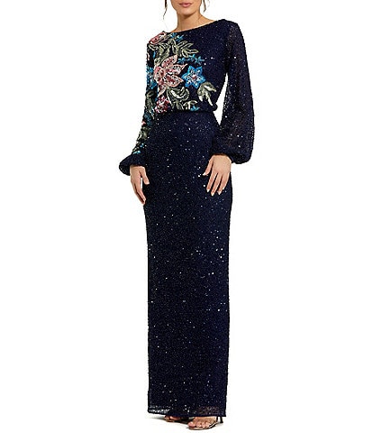 Mac Duggal Floral Beaded Sequin Long Sleeve Blouson Gown