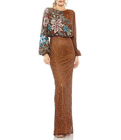 Mac Duggal Floral Beaded Sequin Long Sleeve Blouson Gown