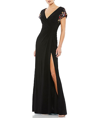 Mac Duggal Floral Beaded Short Sleeve Surplice V-Neck Thigh High Slit Faux Wrap Jersey Gown