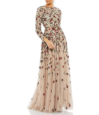 Mac Duggal Floral Beaded Crew Neck Long Sleeve Pleated Chiffon Gown