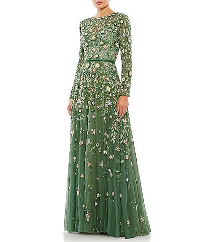 Mac Duggal Floral Beaded Crew Neck Long Sleeve Pleated Chiffon Gown