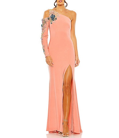 Mac Duggal Floral Beaded One Shoulder Asymmetrical Neck Gown