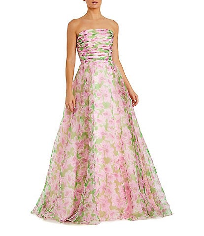 Mac Duggal Floral Chiffon Strapless Shirred Ruffle Ball Gown