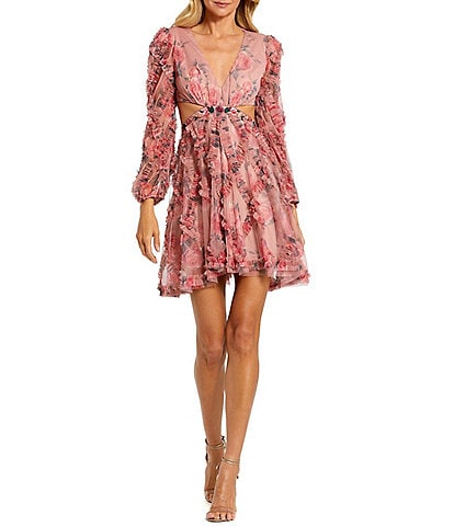 Mac Duggal Floral Chiffon V-Neck Long Puff Sleeve Side Cut-Out Ruffle Mini Dress