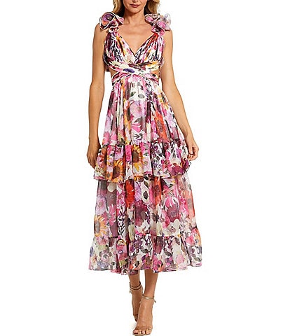 Mac Duggal Floral Chiffon V-Neck Ruffle Shoulder Sleeveless Side Cut-Out Tiered Midi Dress