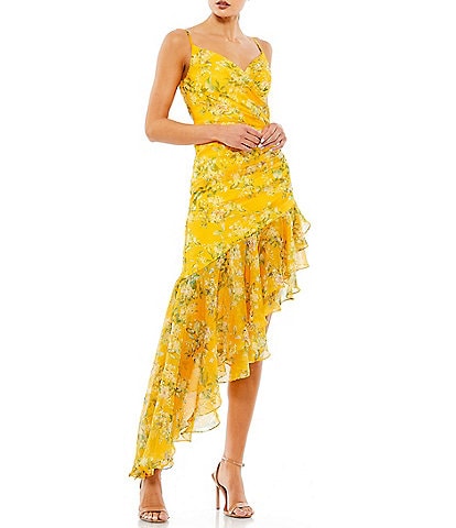 Mac Duggal Floral Chiffon V-Neck Sleeveless Asymmetrical Ruffle Hem Dress