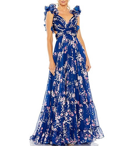 Mac Duggal Floral Chiffon V-Neck Sleeveless Cut-Out Strappy Back Detail Tiered Ruffled Hem Gown