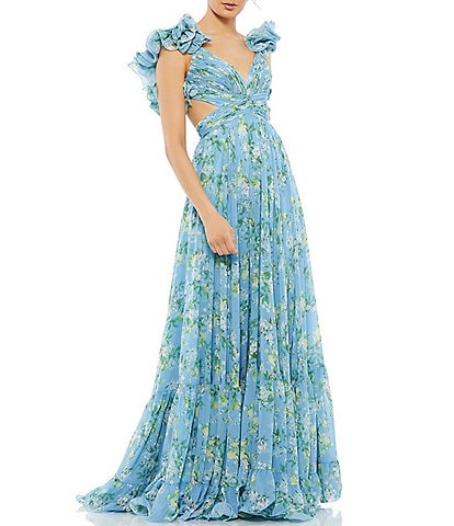 Mac Duggal Floral Chiffon V-Neck Sleeveless Ruffle Shoulder Side Cut-Out Gown