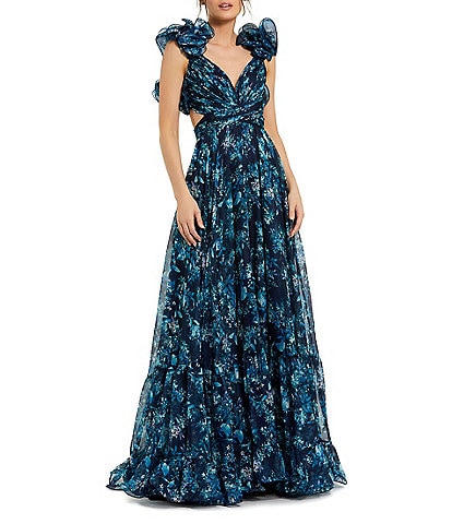 Mac Duggal Floral Chiffon V-Neck Sleeveless Ruffle Shoulder Side Cut-Out Gown