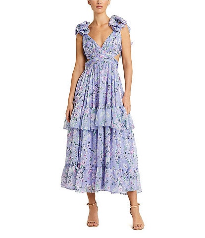 Mac Duggal Floral Chiffon V-Neck Sleeveless Ruffle Tiered Side Cutout Midi Dress