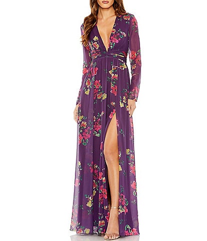Mac Duggal Floral Deep V-Neck Long Sleeve Maxi Dress