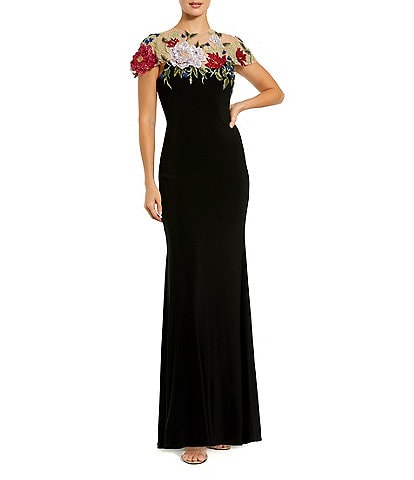 Mac Duggal Floral Embellished Crew Neck Short Sleeve Jersey Fitted Gown